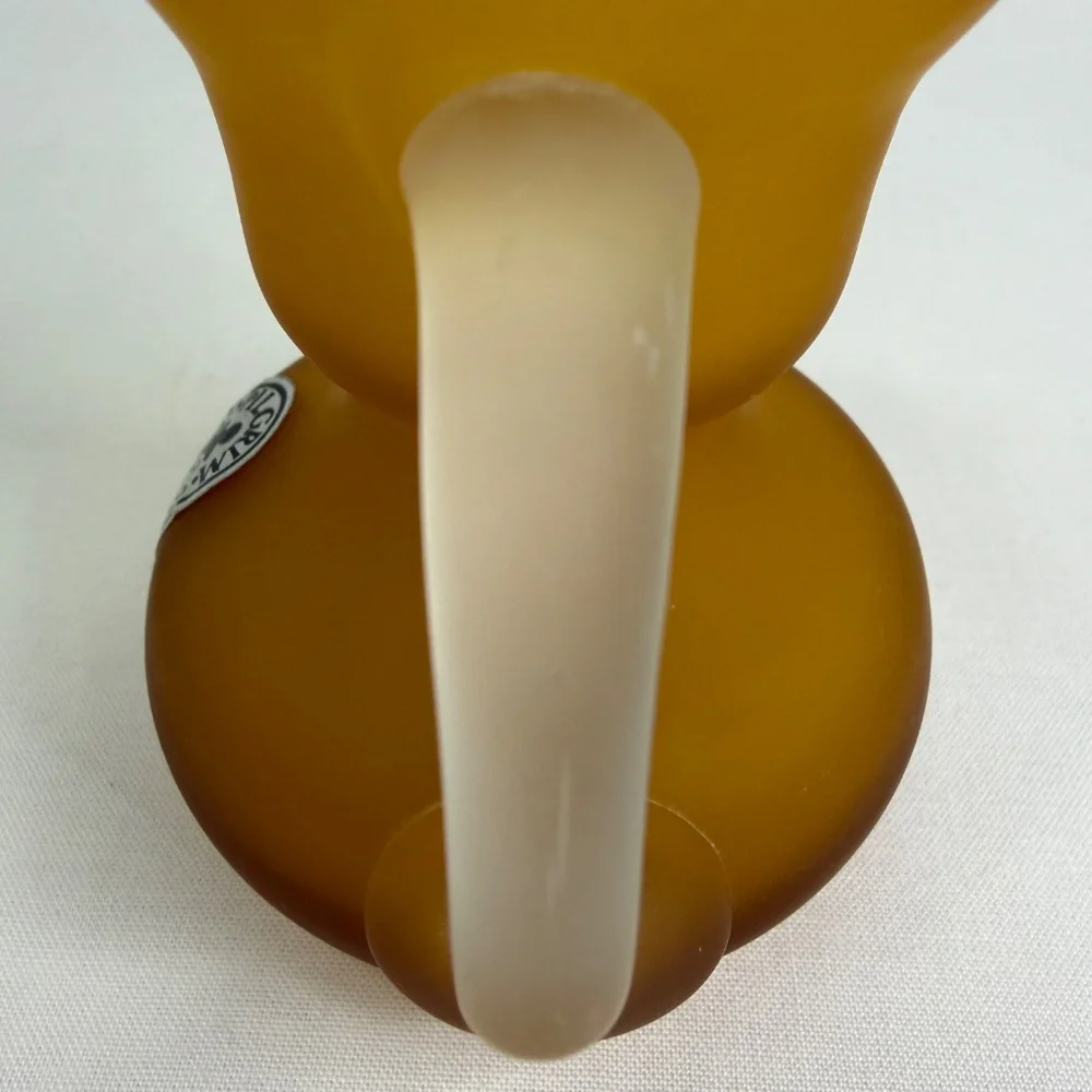 Vintage Hand Blown Pilgrim Satin Frosted Art Glass Amber Handle Mini Pitcher